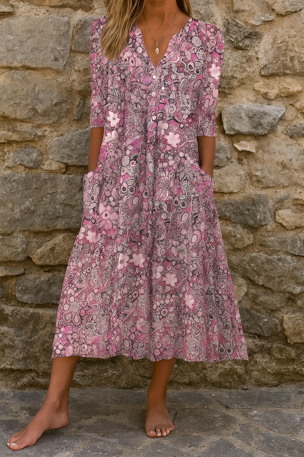 Women's printed midi dress with V-neckline