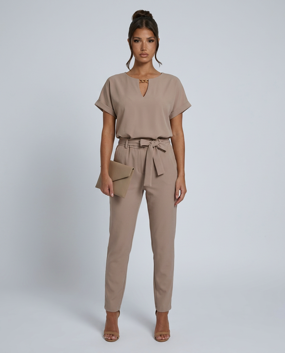 Women's short-sleeve jumpsuit with waist tie