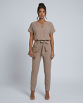 Women's short-sleeve jumpsuit with waist tie