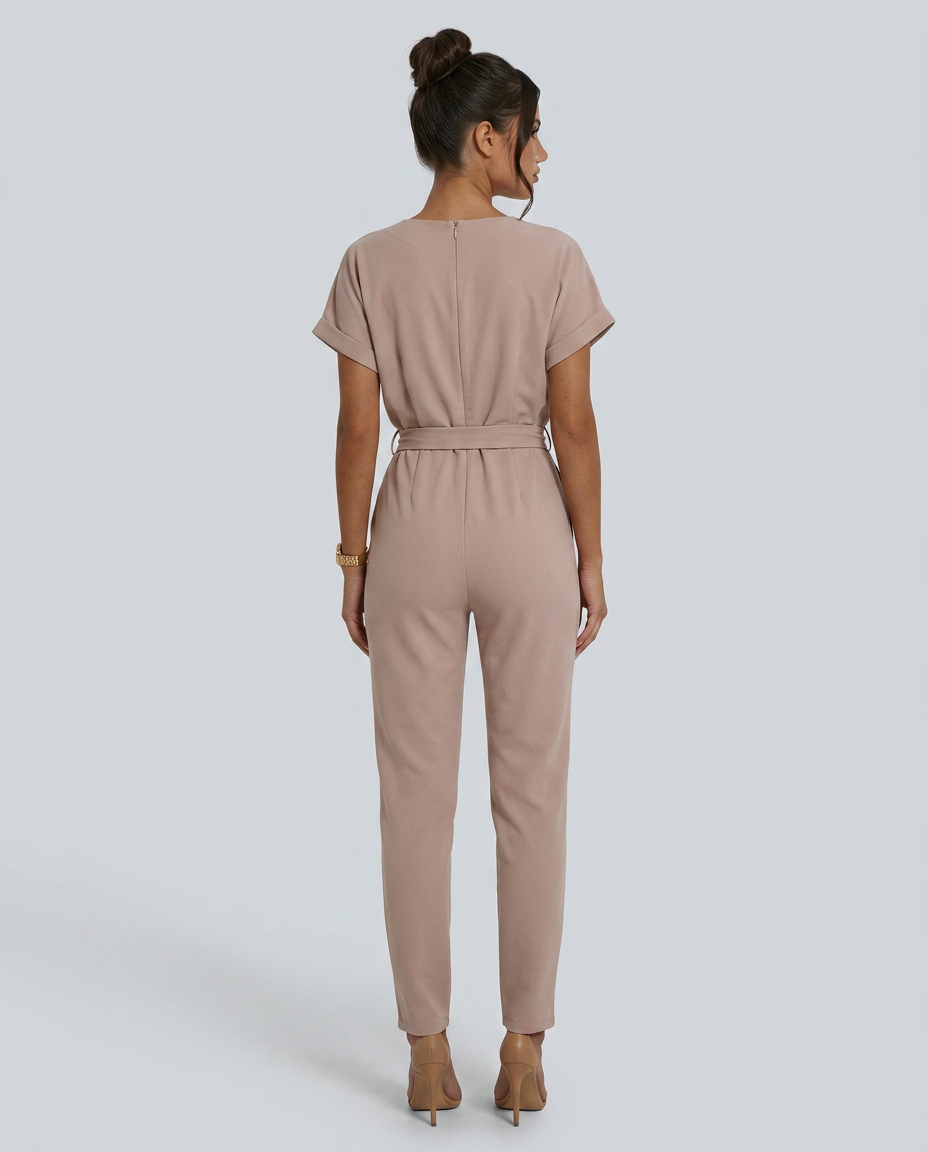 Women's short-sleeve jumpsuit with waist tie