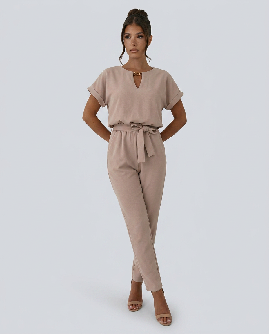 Women's short-sleeve jumpsuit with waist tie