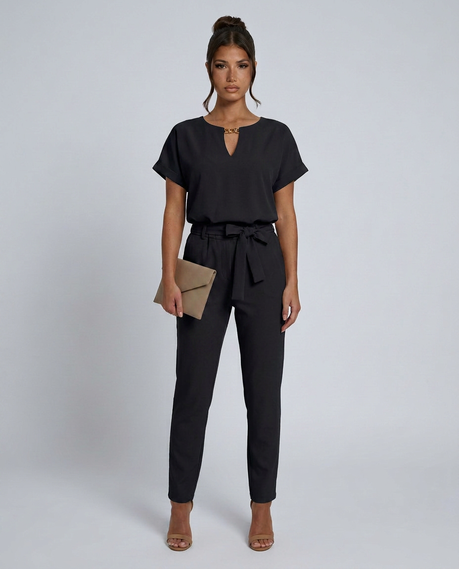 Women's short-sleeve jumpsuit with waist tie