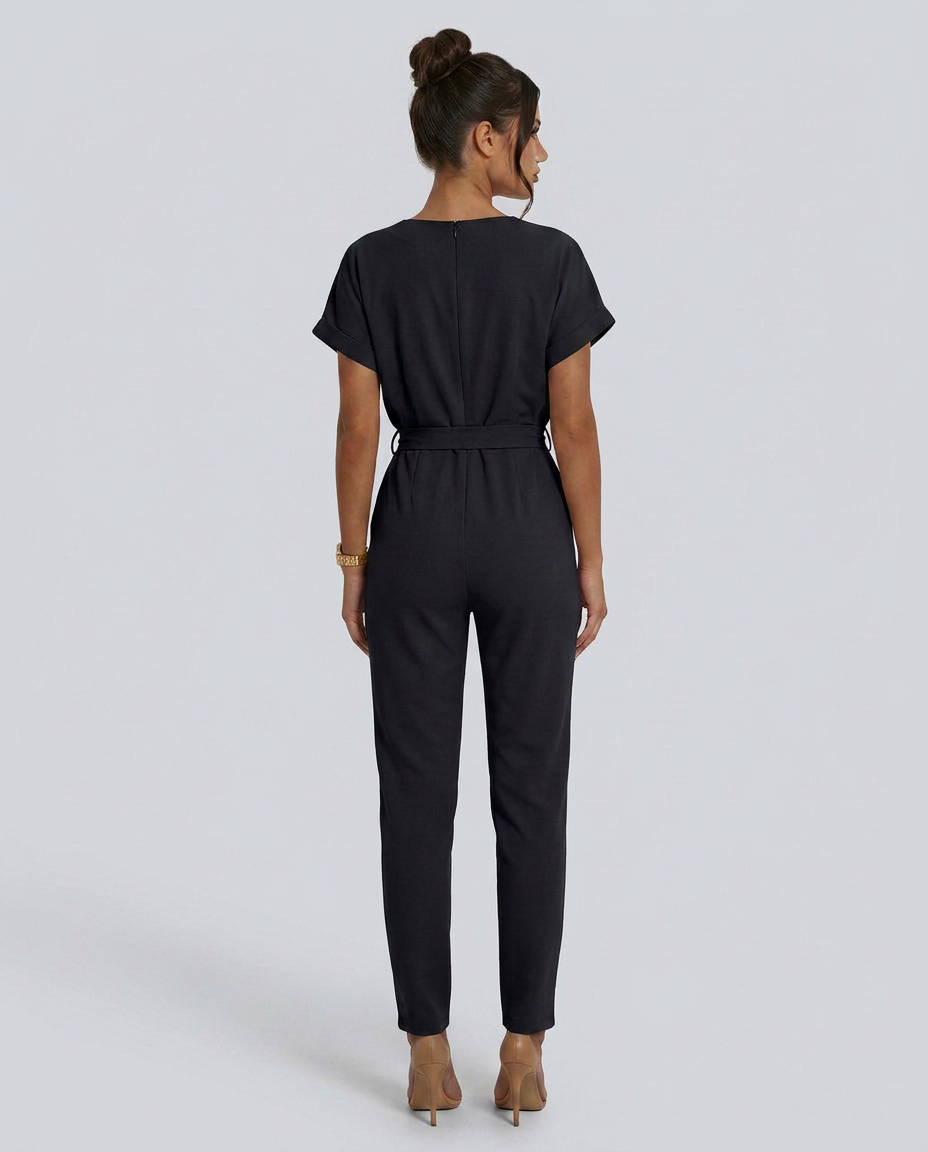Women's short-sleeve jumpsuit with waist tie