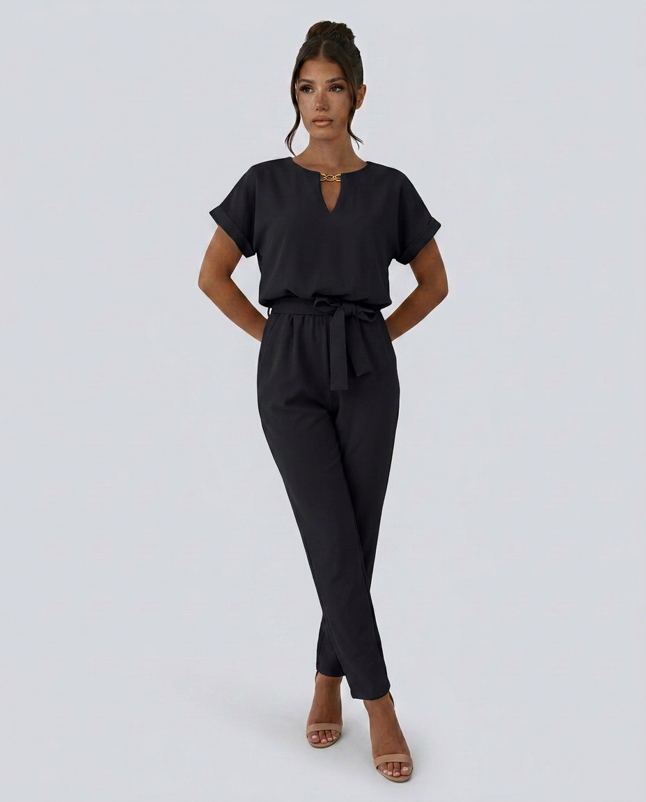 Women's short-sleeve jumpsuit with waist tie