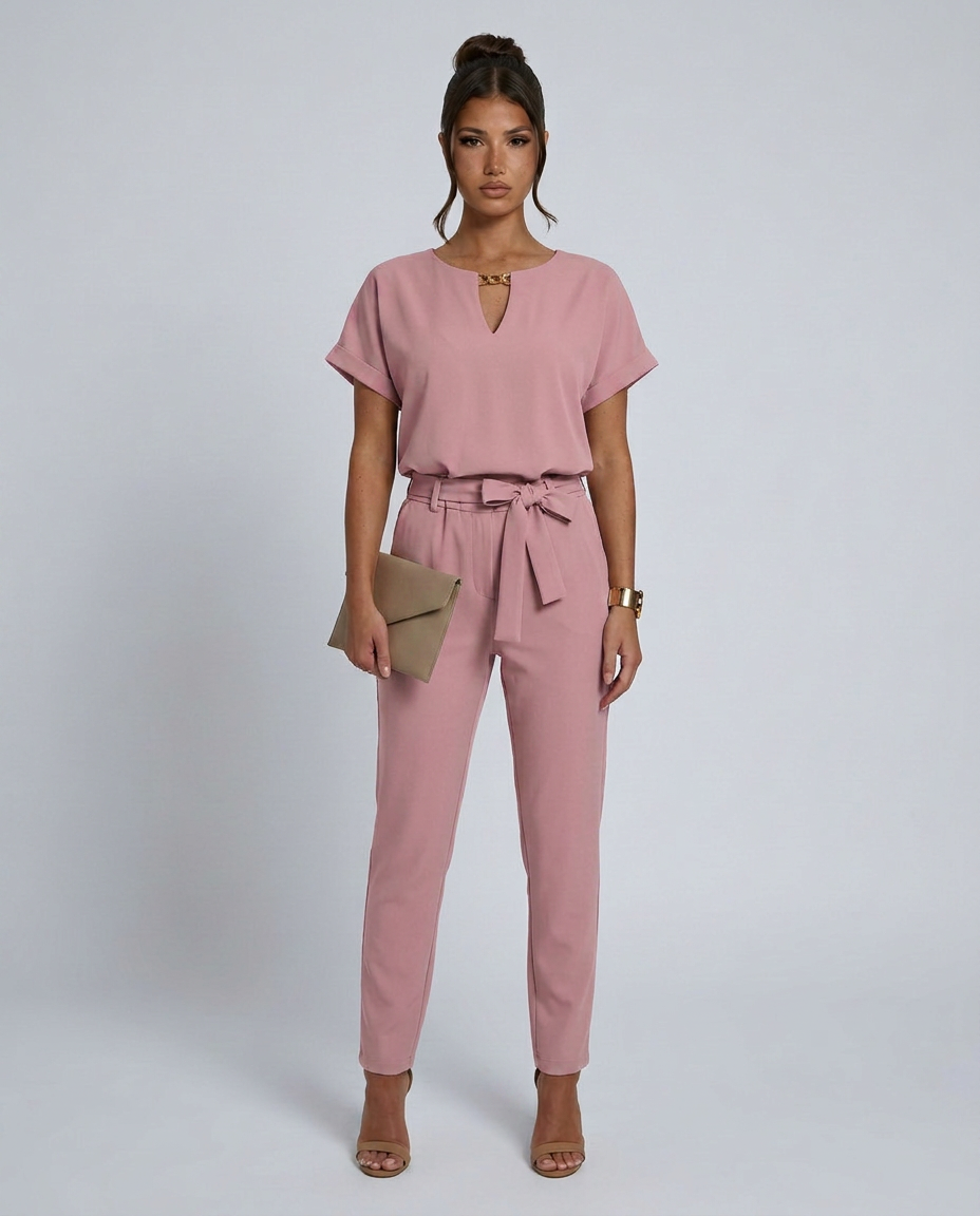 Women's short-sleeve jumpsuit with waist tie