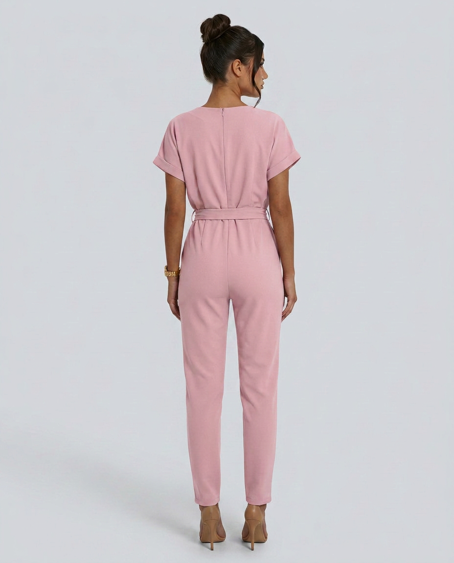 Women's short-sleeve jumpsuit with waist tie