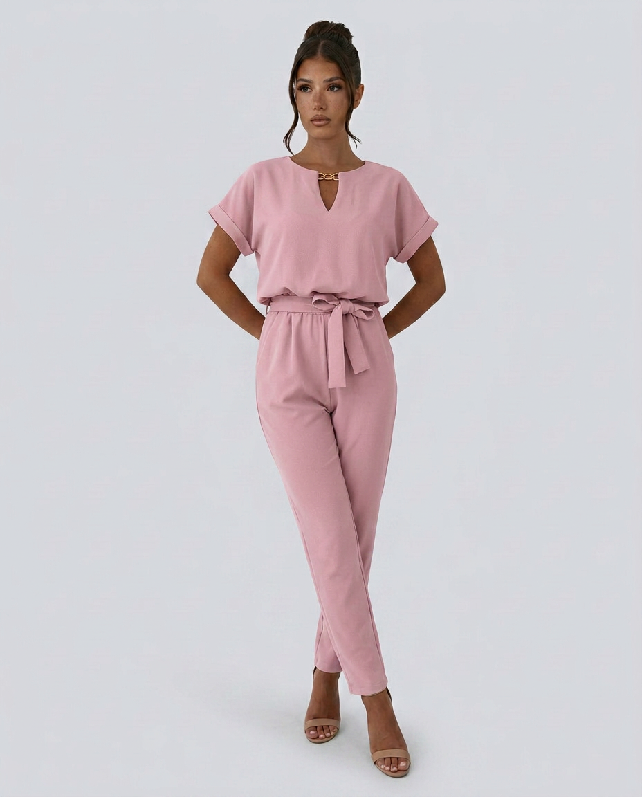 Women's short-sleeve jumpsuit with waist tie
