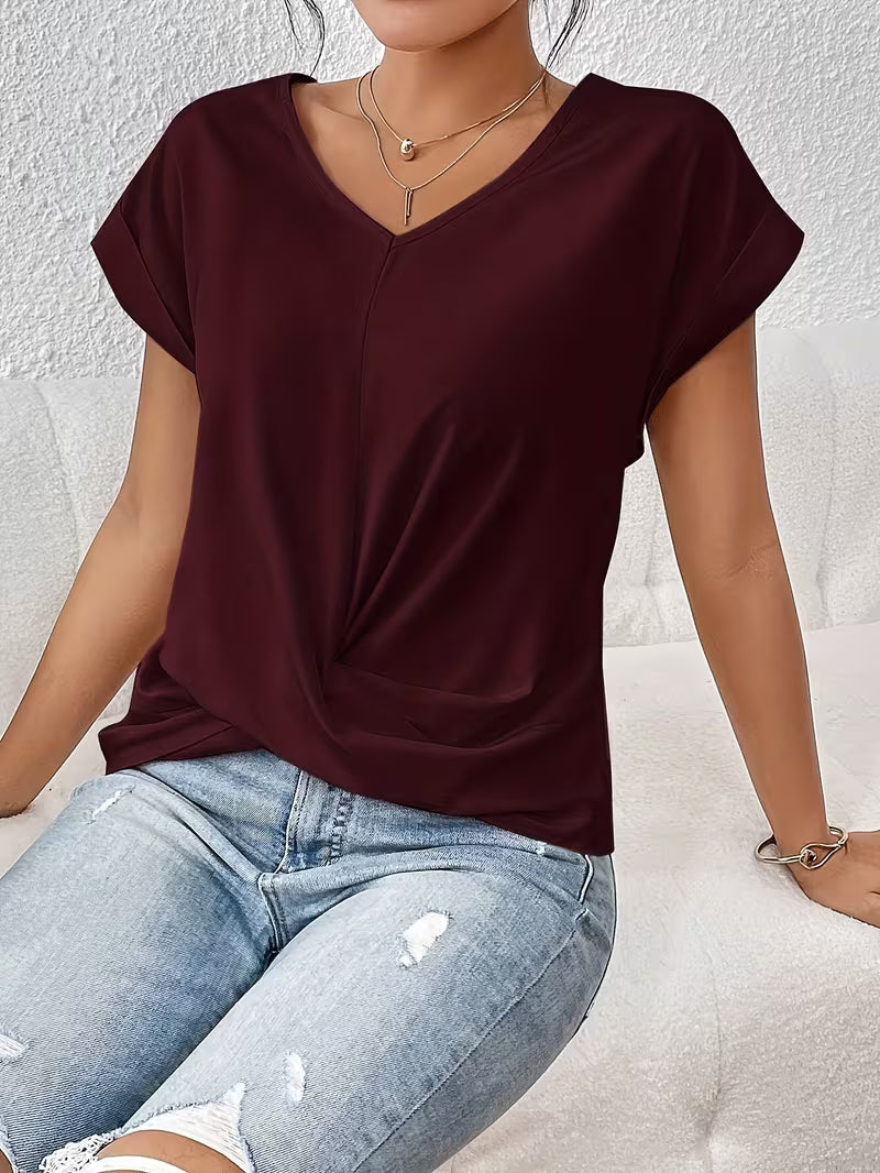 Women's short-sleeve V-neck T-shirt with twisted front