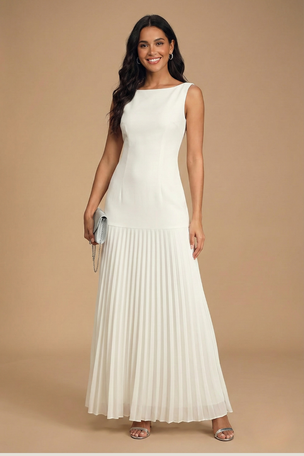 Women's sleeveless maxi dress with boat neck and pleated skirt