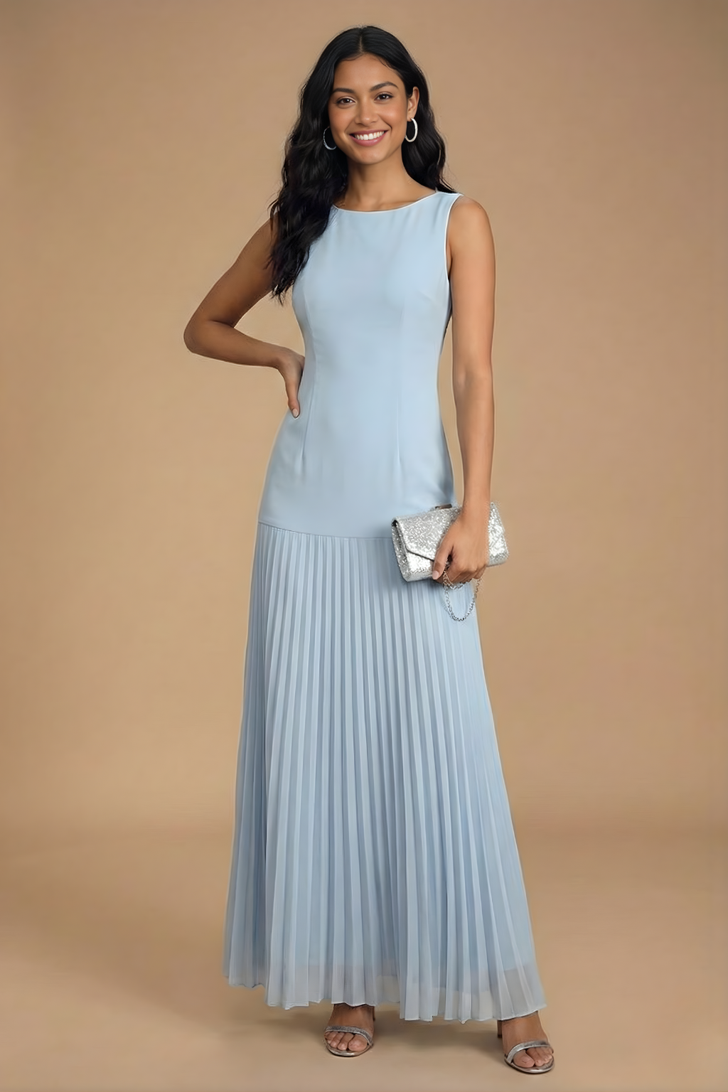 Women's sleeveless maxi dress with boat neck and pleated skirt