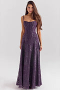 Women's spaghetti strap dress with floral print and flowing skirt