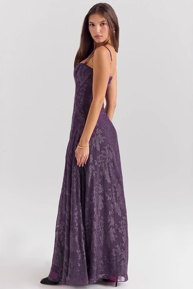 Women's spaghetti strap dress with floral print and flowing skirt