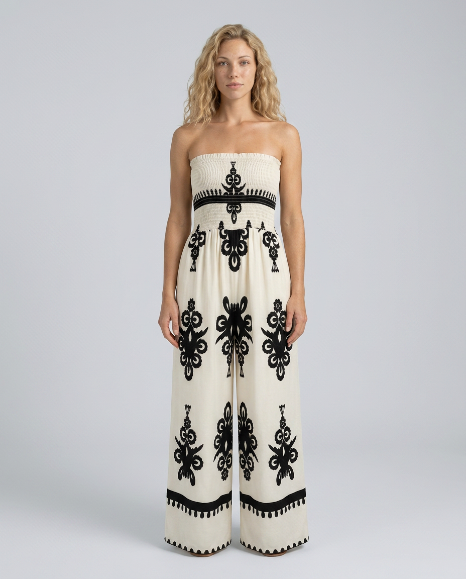 Women's strapless jumpsuit with wide-leg trousers