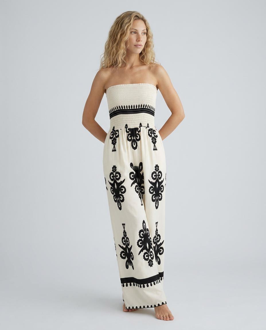 Women's strapless jumpsuit with wide-leg trousers