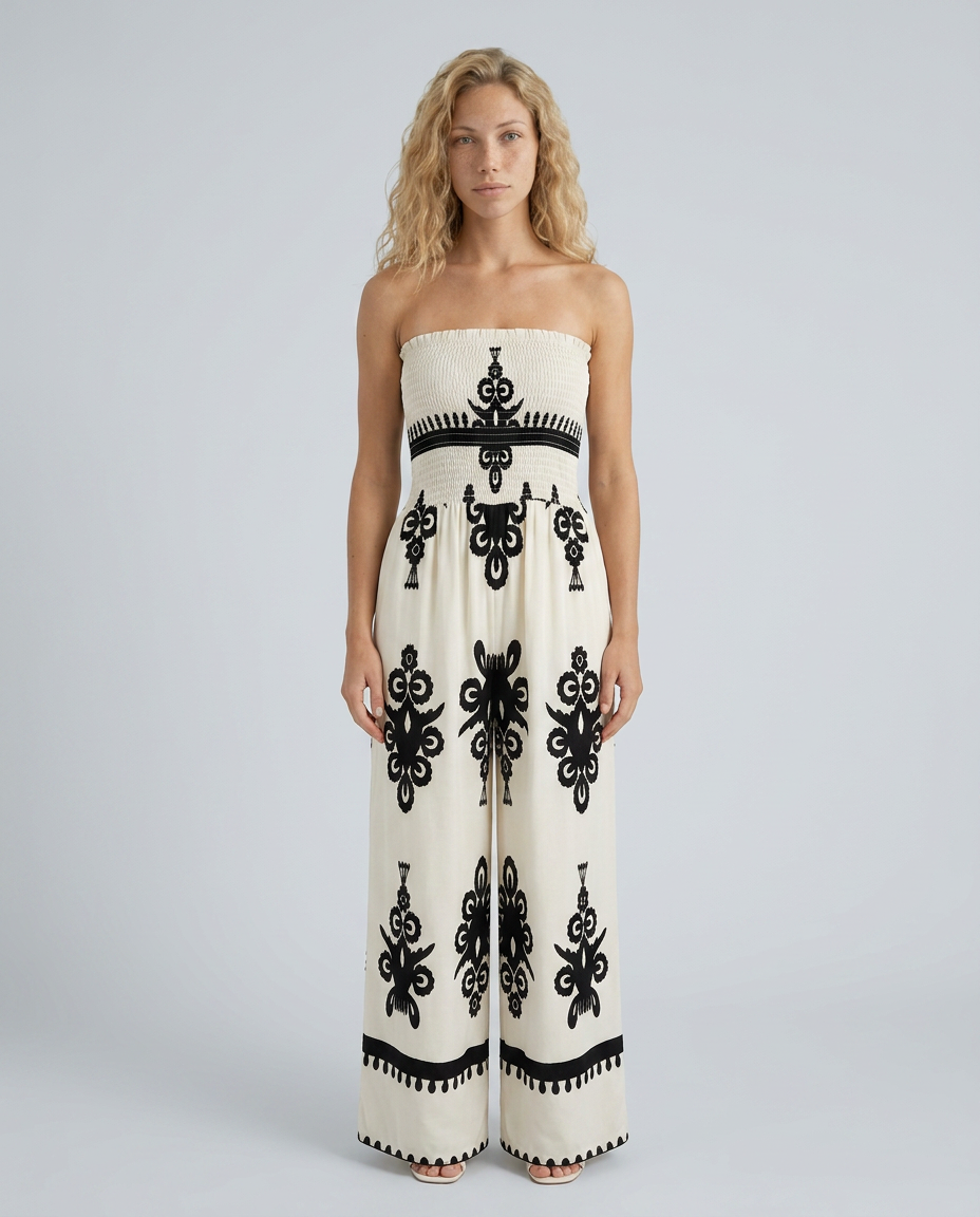 Women's strapless jumpsuit with wide-leg trousers