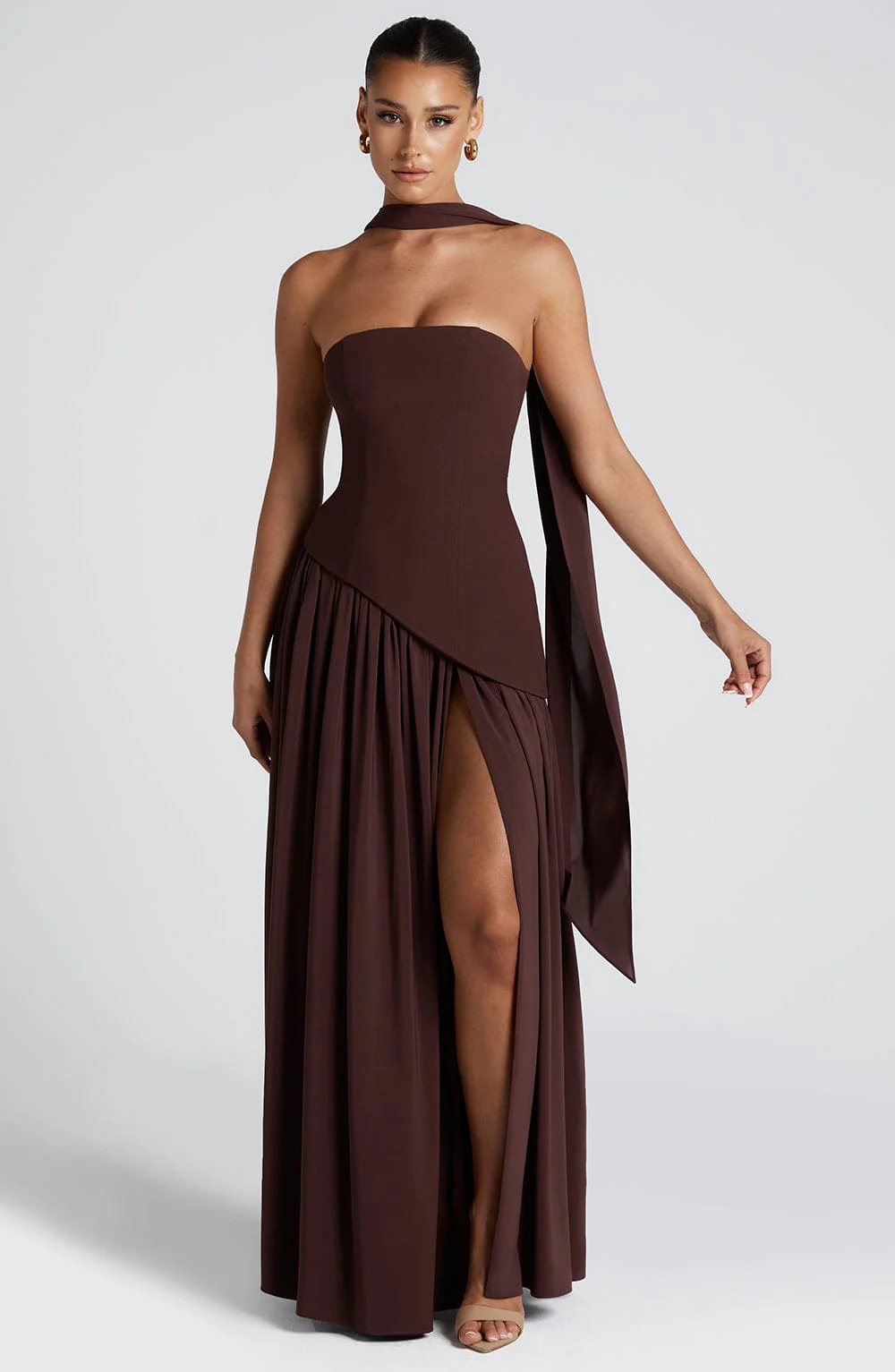 Women’s Strapless Maxi Dress with Matching Scarf and Front Slit
