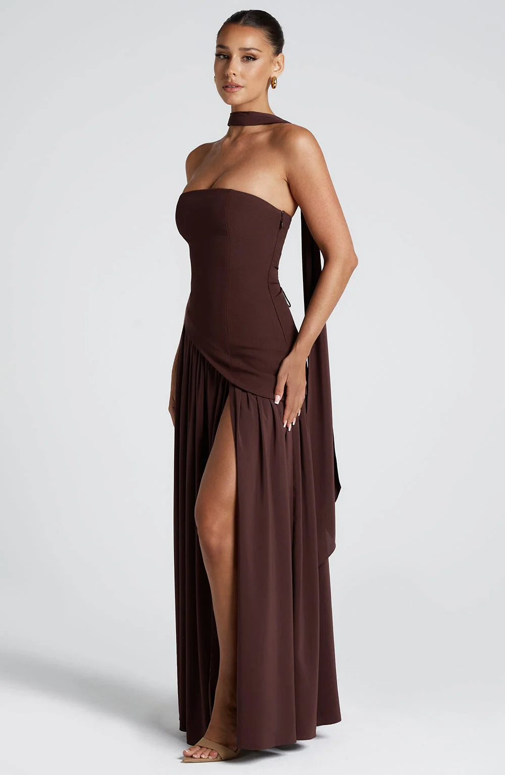 Women’s Strapless Maxi Dress with Matching Scarf and Front Slit