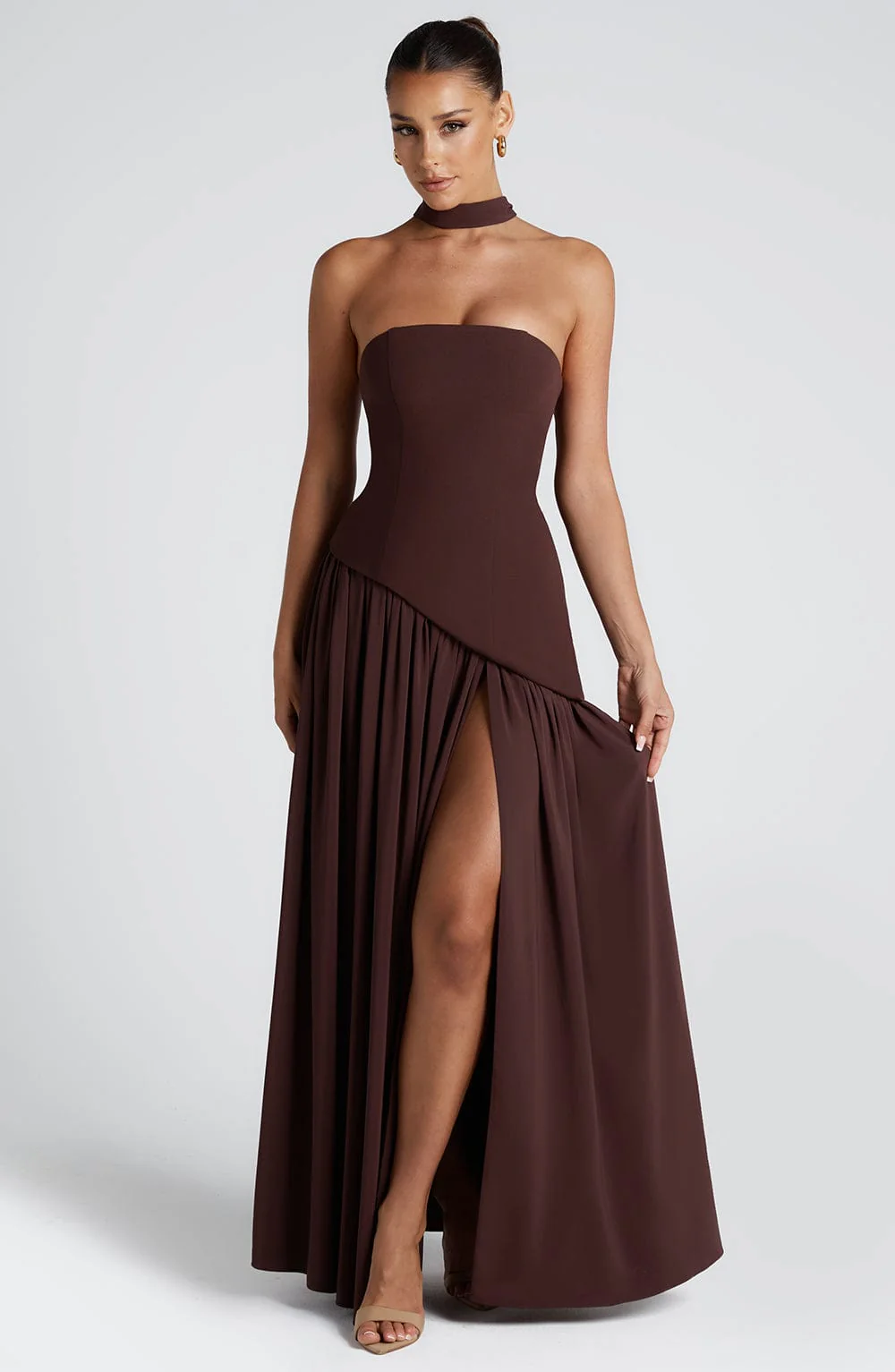 Women’s Strapless Maxi Dress with Matching Scarf and Front Slit