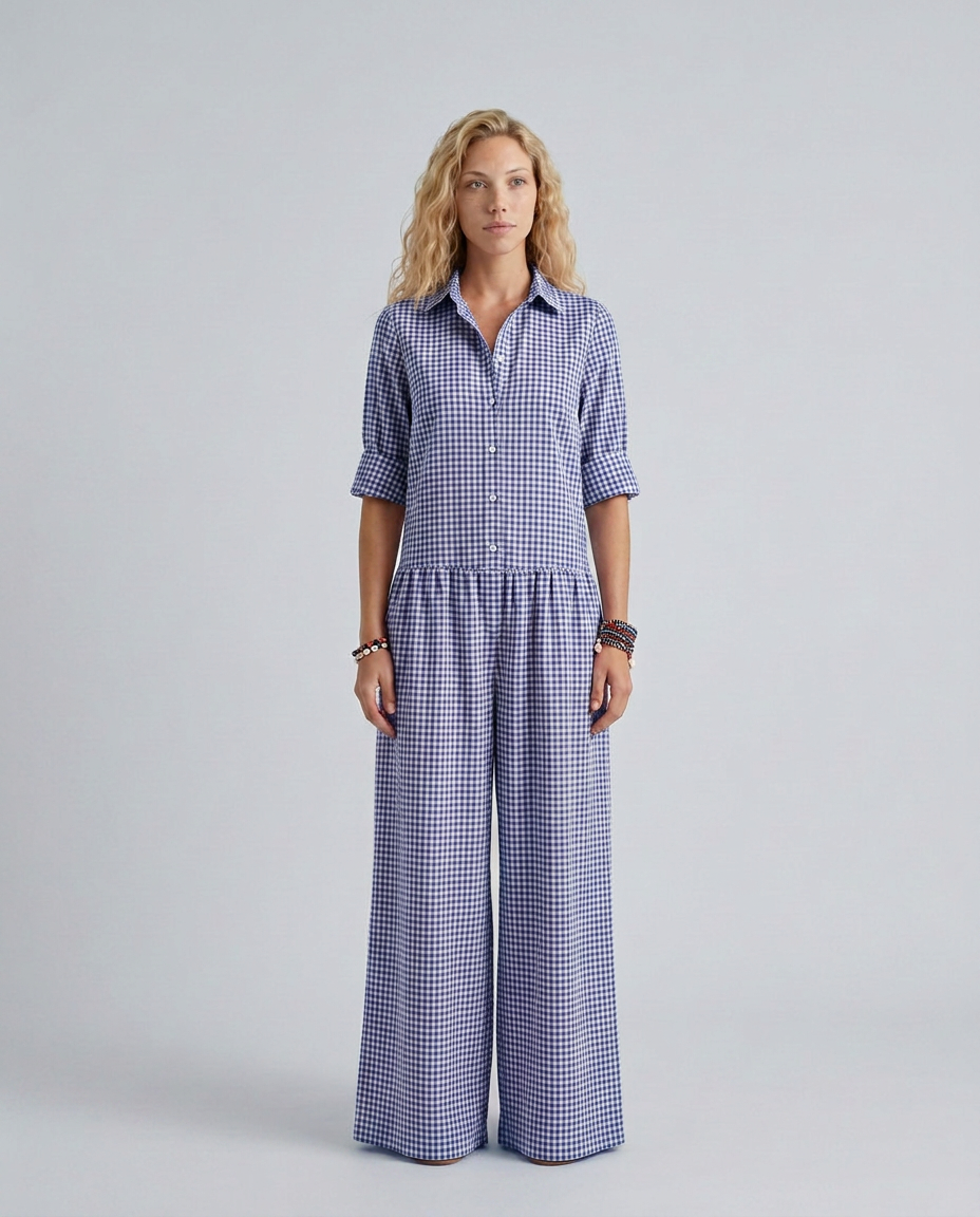Women's wide-leg jumpsuit with gingham pattern