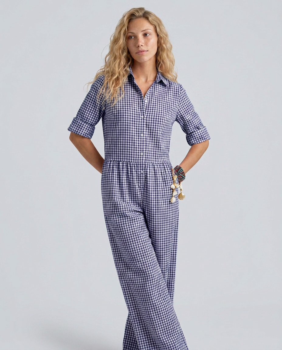 Women's wide-leg jumpsuit with gingham pattern