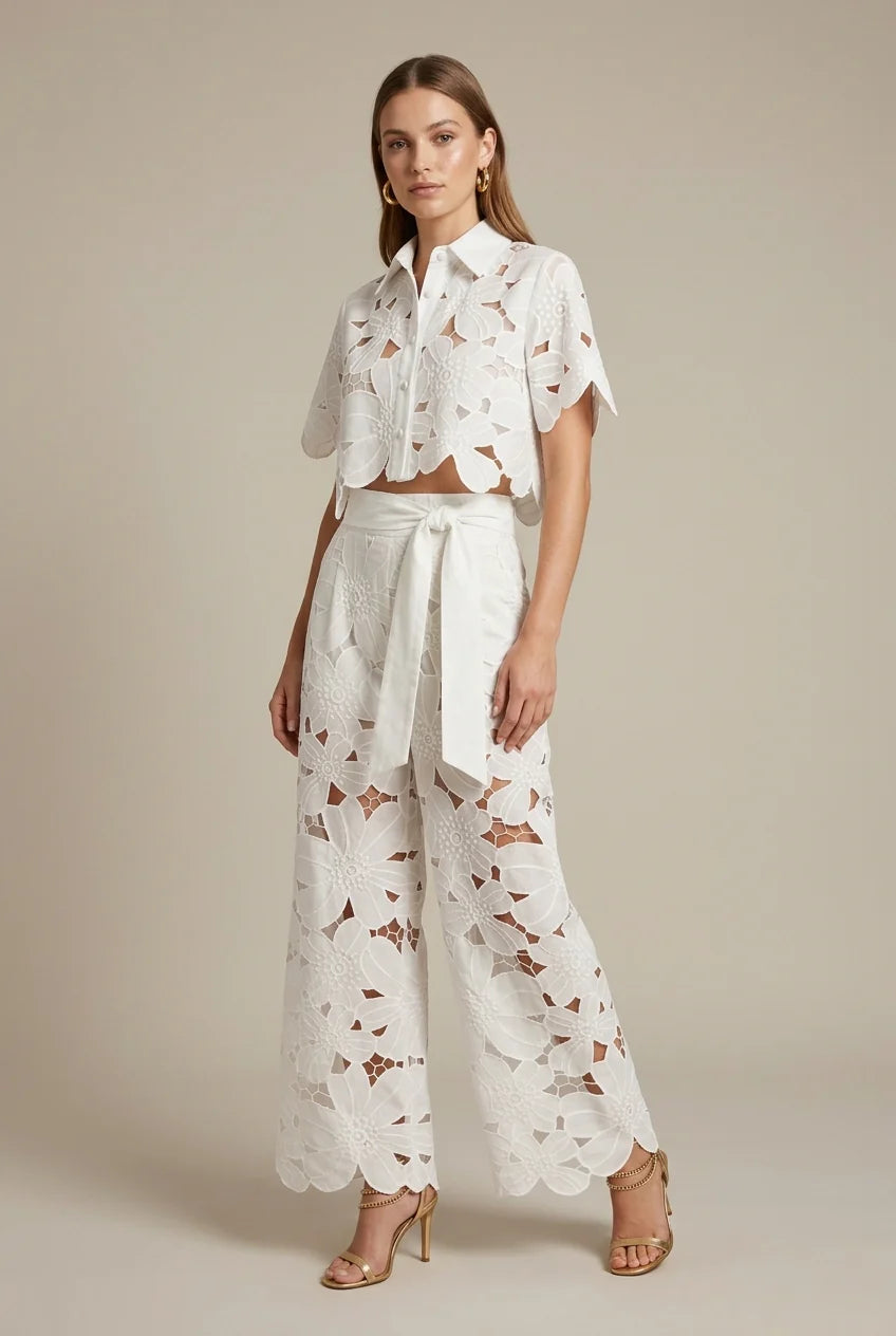 Women’s Cutout Crop Shirt and Wide-Leg Pants Set