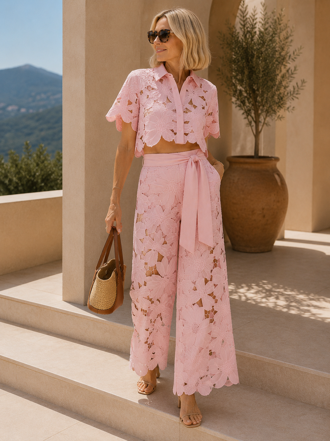 Women’s Cutout Crop Shirt and Wide-Leg Pants Set