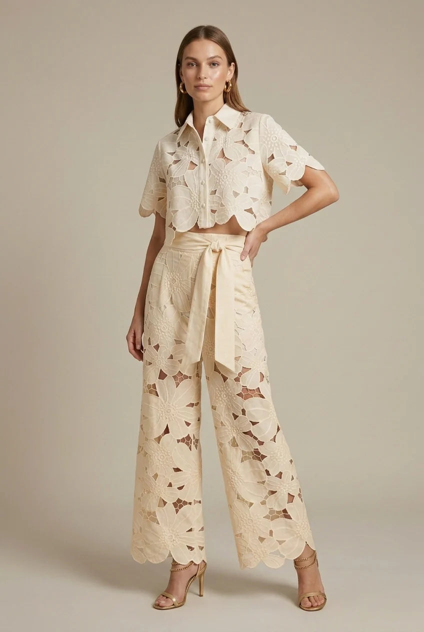 Women’s Cutout Crop Shirt and Wide-Leg Pants Set