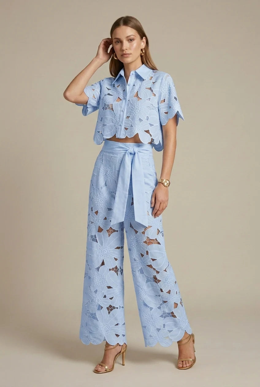 Women’s Cutout Crop Shirt and Wide-Leg Pants Set