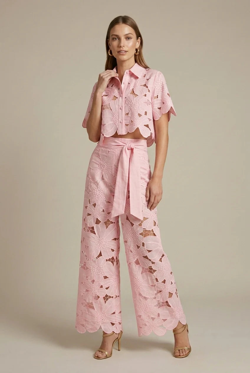 Women’s Cutout Crop Shirt and Wide-Leg Pants Set