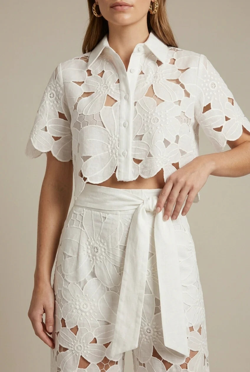 Women’s Cutout Crop Shirt and Wide-Leg Pants Set