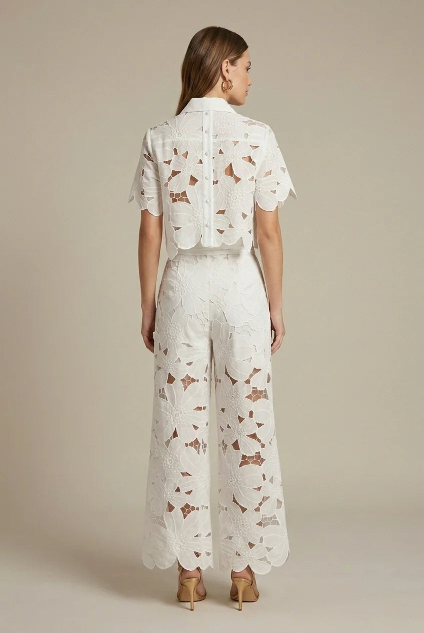 Women’s Cutout Crop Shirt and Wide-Leg Pants Set