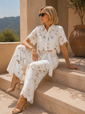 Women’s Cutout Crop Shirt and Wide-Leg Pants Set