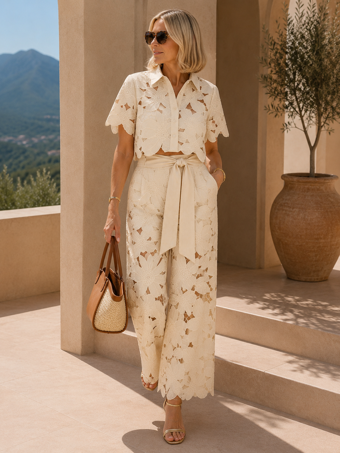 Women’s Cutout Crop Shirt and Wide-Leg Pants Set