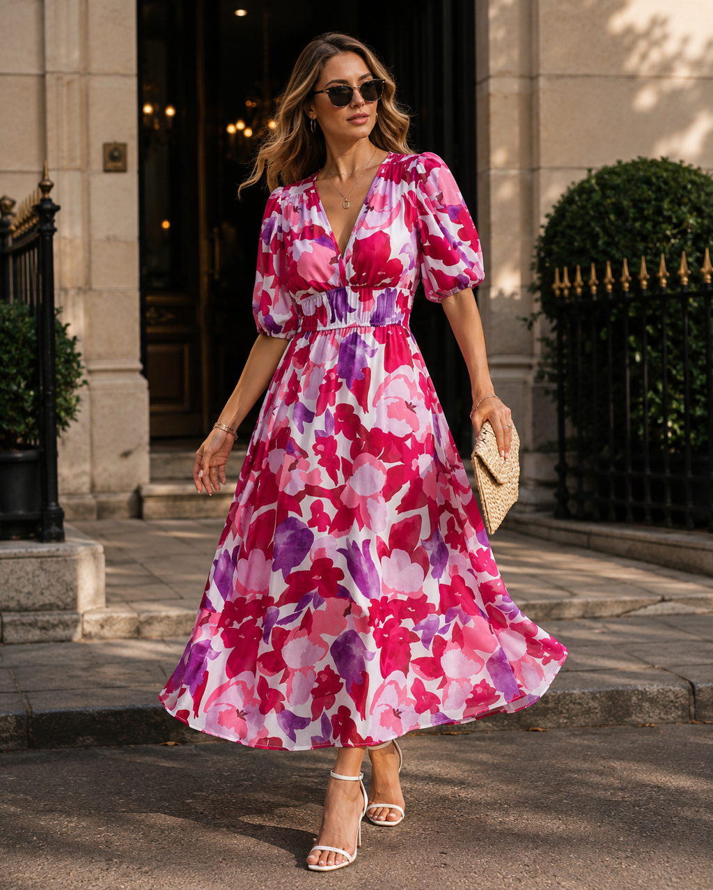 Women’s Floral V-Neck Midi Dress with Puff Sleeves