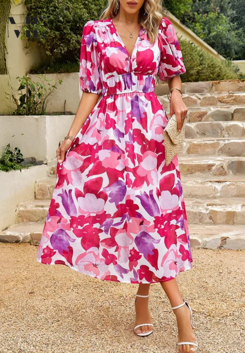 Women’s Floral V-Neck Midi Dress with Puff Sleeves