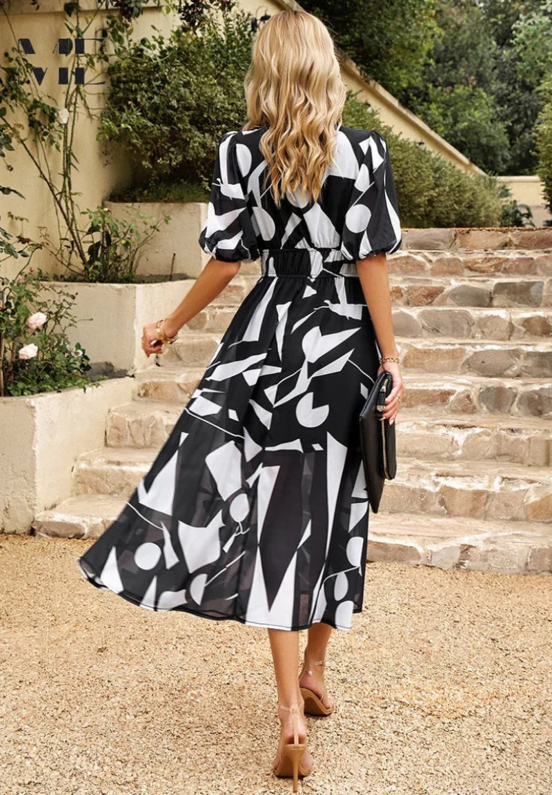 Women’s Floral V-Neck Midi Dress with Puff Sleeves