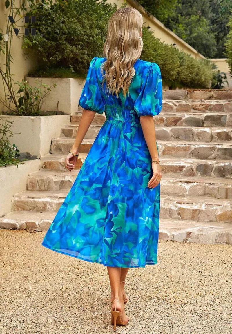 Women’s Floral V-Neck Midi Dress with Puff Sleeves