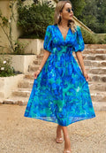 Women’s Floral V-Neck Midi Dress with Puff Sleeves