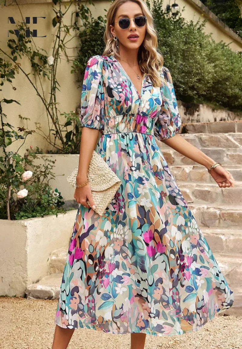 Women’s Floral V-Neck Midi Dress with Puff Sleeves