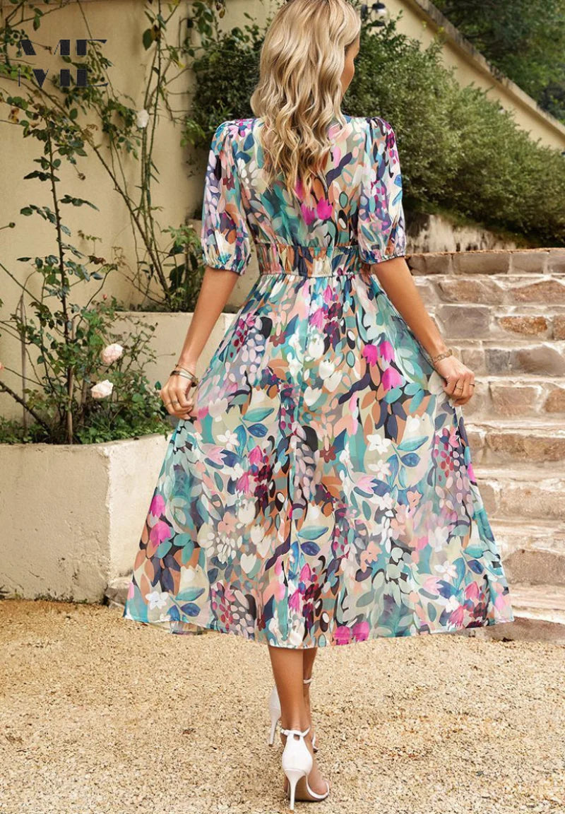 Women’s Floral V-Neck Midi Dress with Puff Sleeves