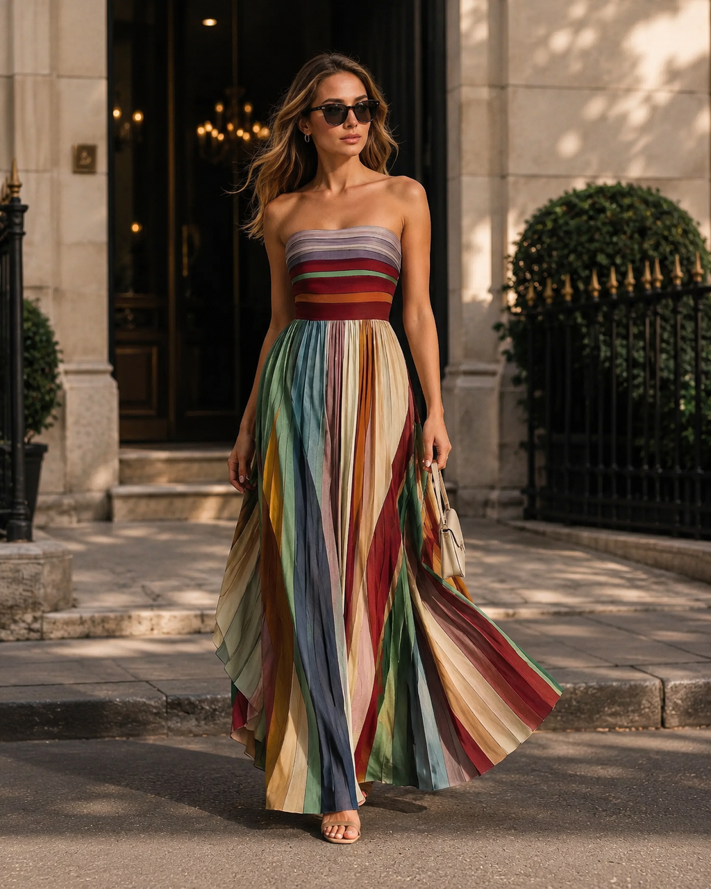 Women’s Strapless Pleated Maxi Dress with Multicolor Panels