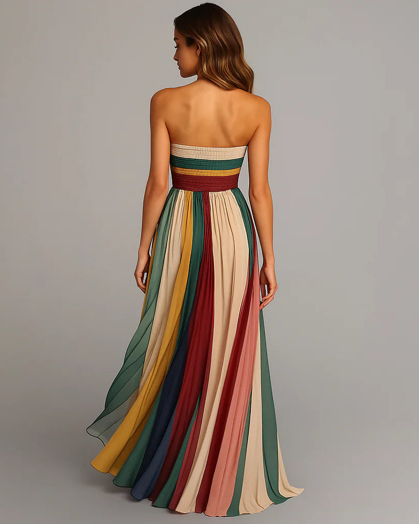 Women’s Strapless Pleated Maxi Dress with Multicolor Panels