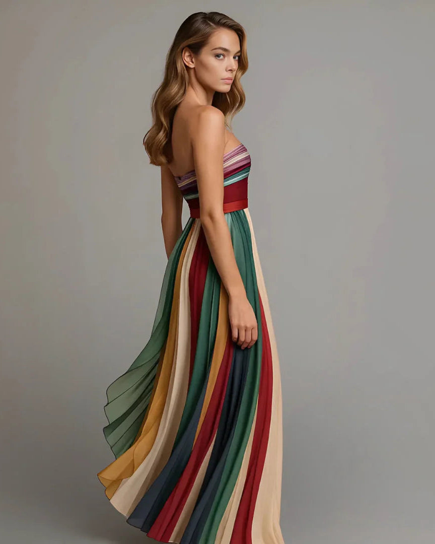 Women’s Strapless Pleated Maxi Dress with Multicolor Panels