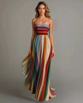 Women’s Strapless Pleated Maxi Dress with Multicolor Panels