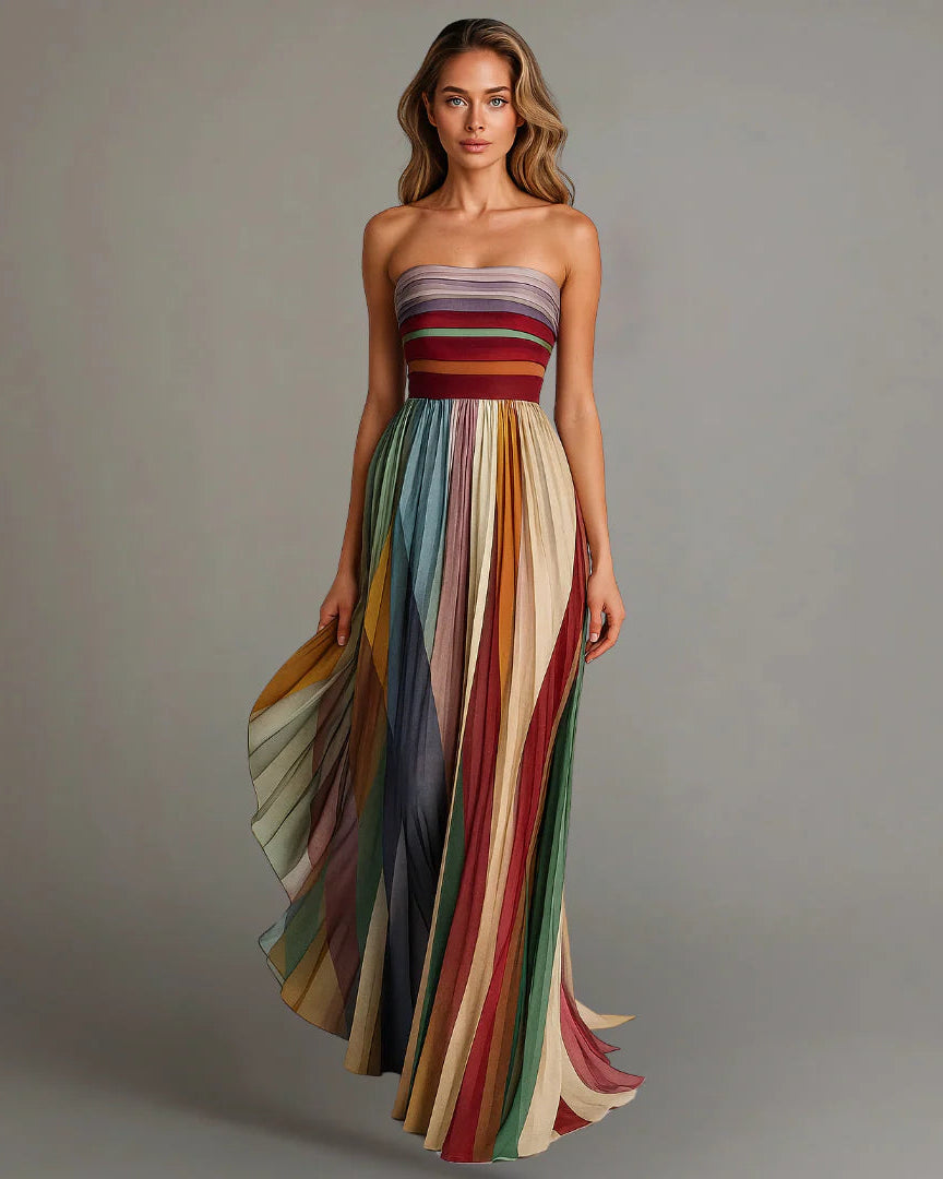 Women’s Strapless Pleated Maxi Dress with Multicolor Panels