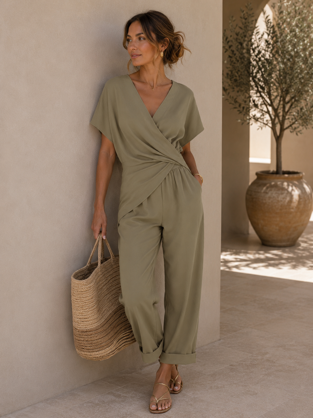 Women’s Wrap Front Top and Cropped Pants Set